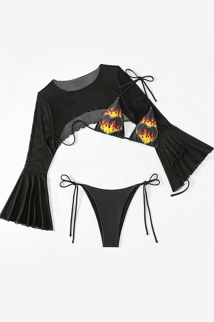 Black Fire Print Long Sleeve Mesh Cover-Up Cheeky 3Pc Swimsuit Set