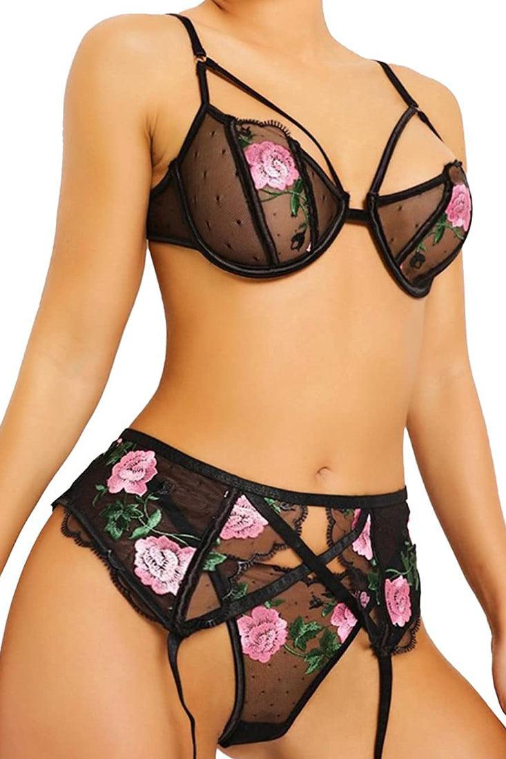 Black Floral Embroidered Caged Three Piece Lingerie