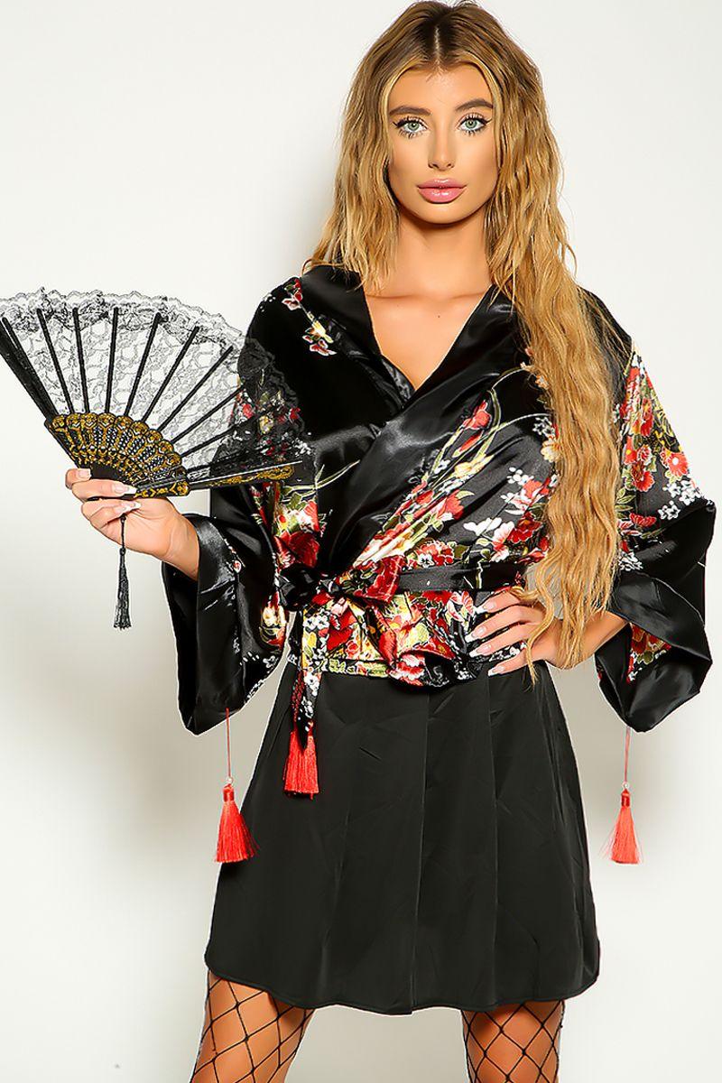 Black Floral Long Sleeve Kimono Two Piece Costume