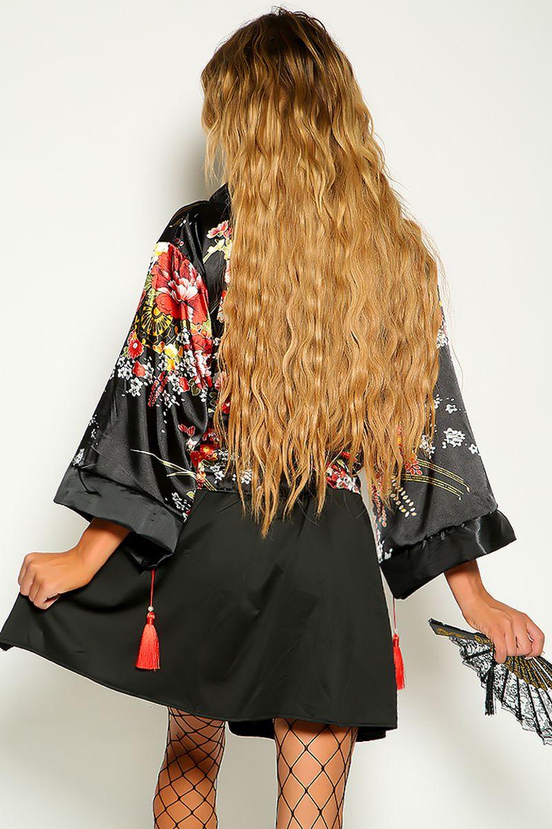 Black Floral Long Sleeve Kimono Two Piece Costume