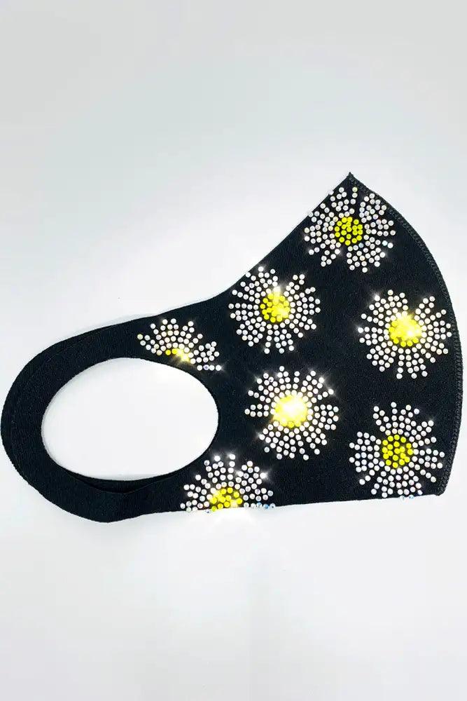 Black Floral Print Rhinestone Face Mask