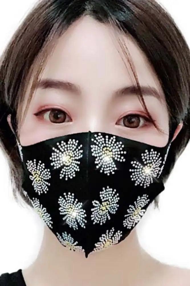 Black Floral Print Rhinestone Face Mask