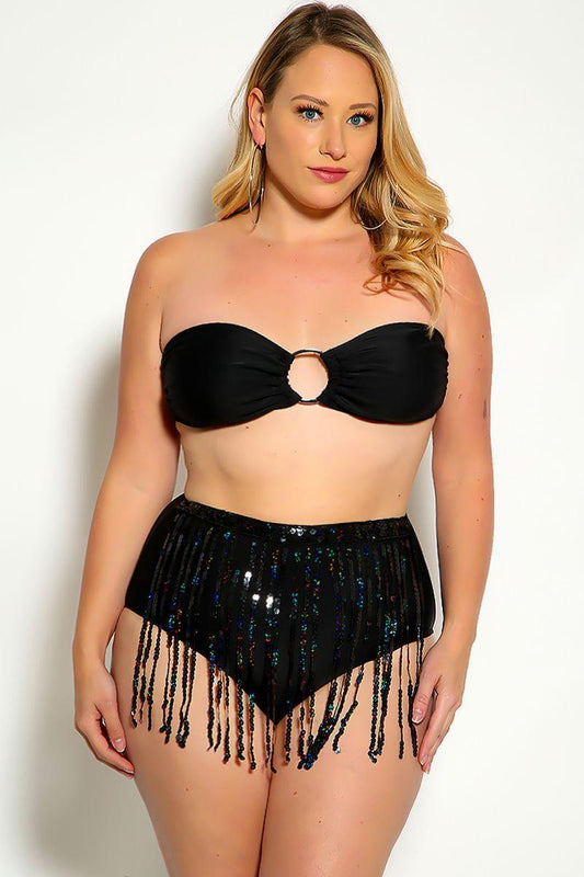 Black Fringe Sequins Bandeau Plus Size Two Piece Swimsuit