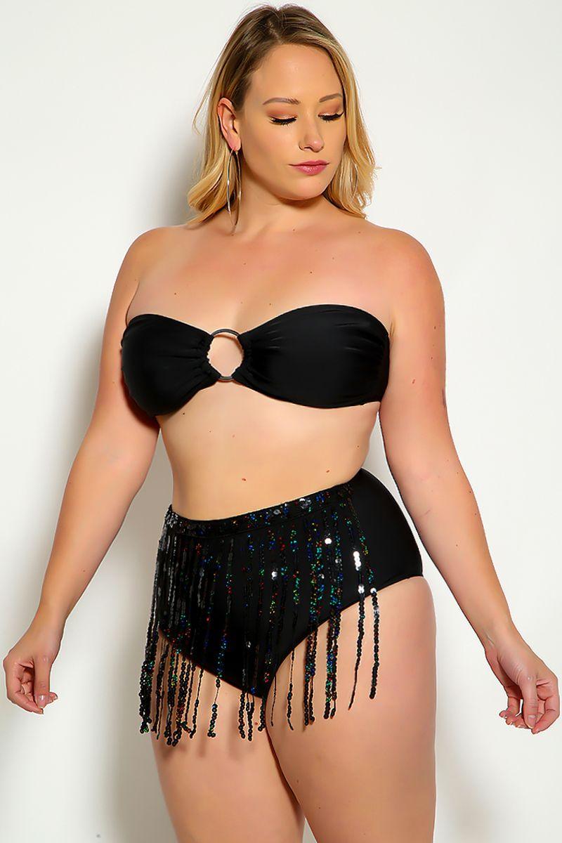 Black Fringe Sequins Bandeau Plus Size Two Piece Swimsuit