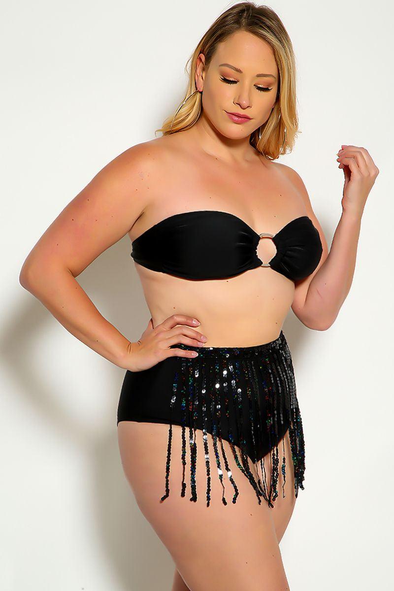 Black Fringe Sequins Bandeau Plus Size Two Piece Swimsuit