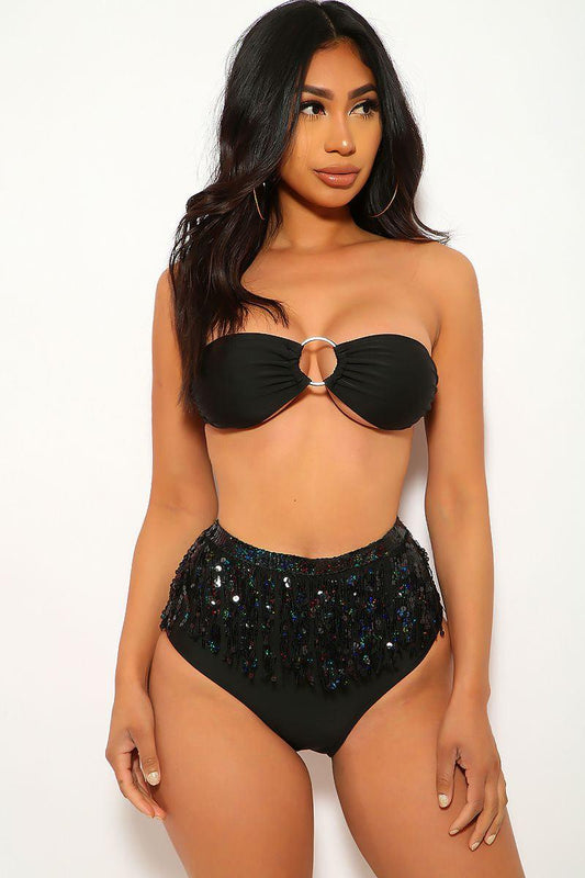 Black Fringe Sequins Bandeau Two Piece Swimsuit - Babewear