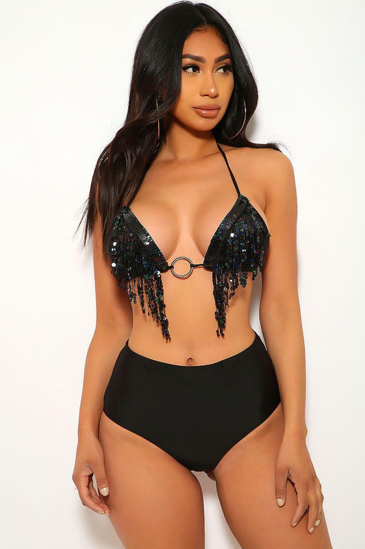 Black Fringe Sequins Two Piece Swimsuit - Babewear