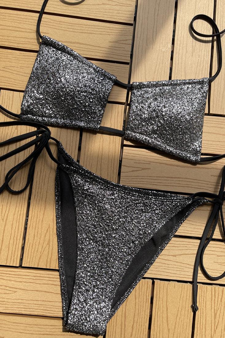 Black Glitter Square Top Strappy Bottoms 2 Pc Swimsuit