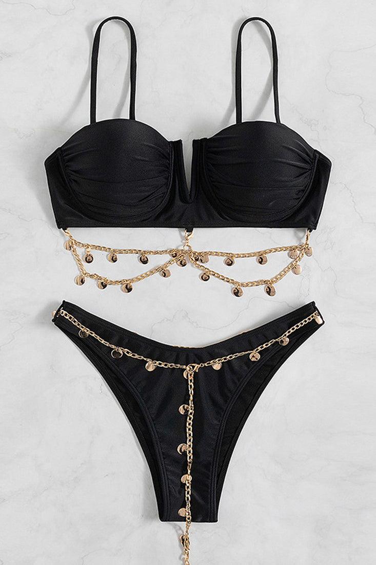 Black Gold Chain Accent Two Piece Swimsuit