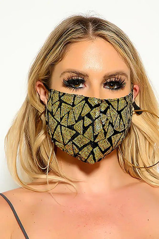 Black Gold Two Tone Sequin Geometric Print Fashion Mask - Babewear