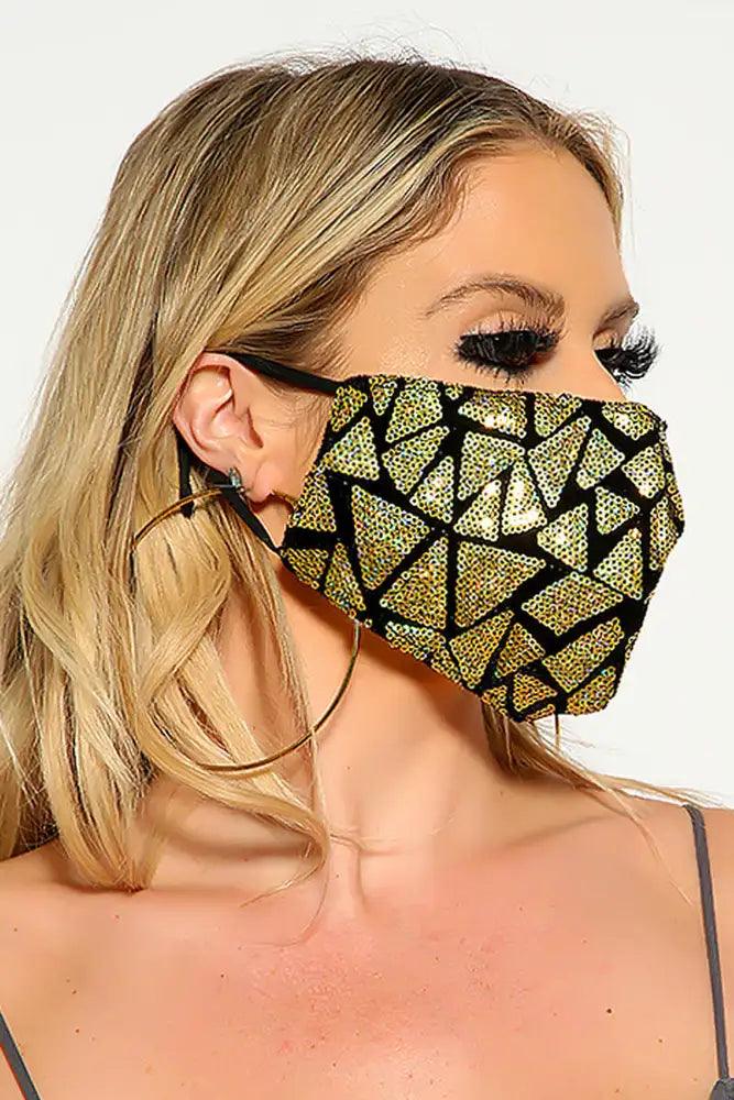 Black Gold Two Tone Sequin Geometric Print Fashion Mask