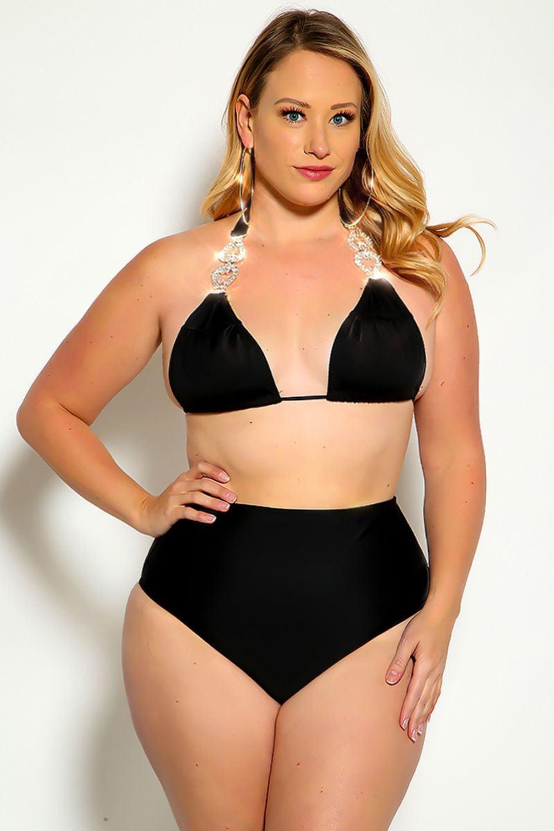 Black Halter Rhinestone Detail High Waist Plus Size Two Piece Swimsuit