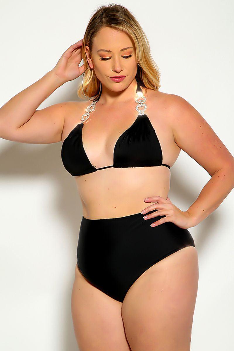 Black Halter Rhinestone Detail High Waist Plus Size Two Piece Swimsuit