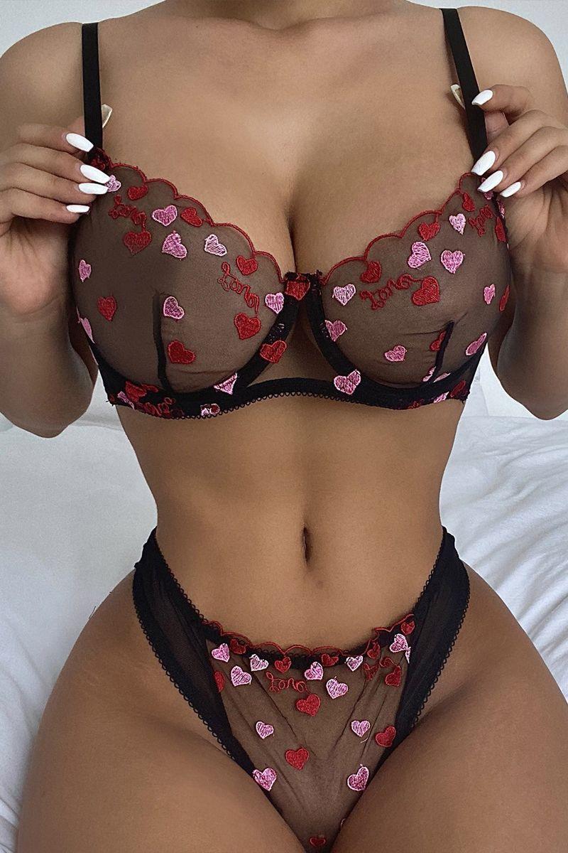 Black Heart Print Mesh Sexy Two Piece Lingerie