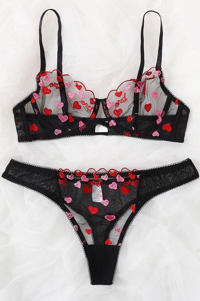 Black Heart Print Mesh Sexy Two Piece Lingerie