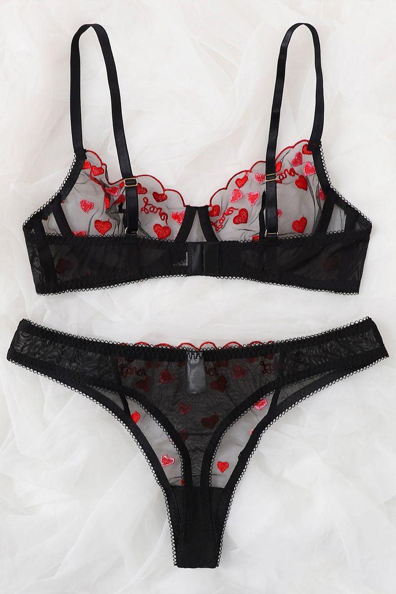 Black Heart Print Mesh Sexy Two Piece Lingerie