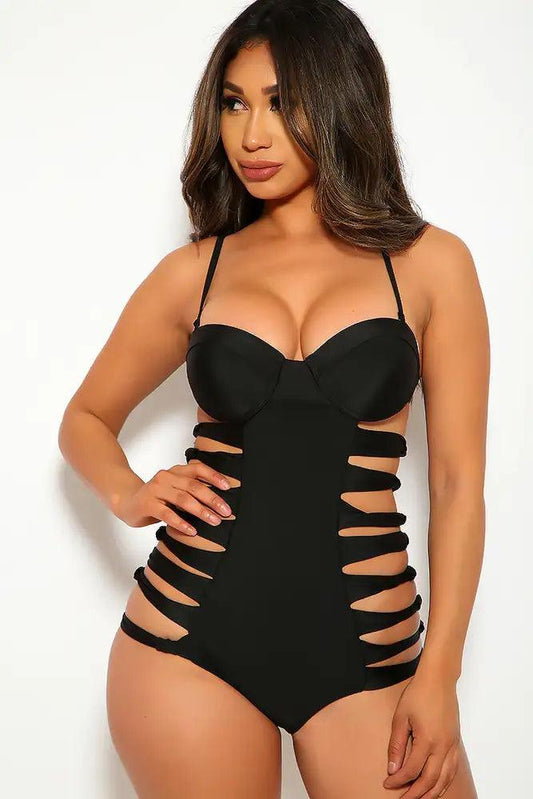 Black Knotted Strappy Cutout Sides Push Up Monokini