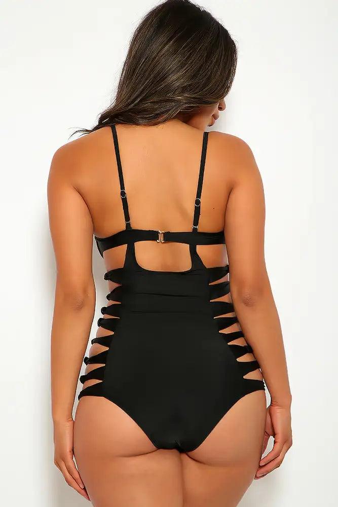 Black Knotted Strappy Cutout Sides Push Up Monokini