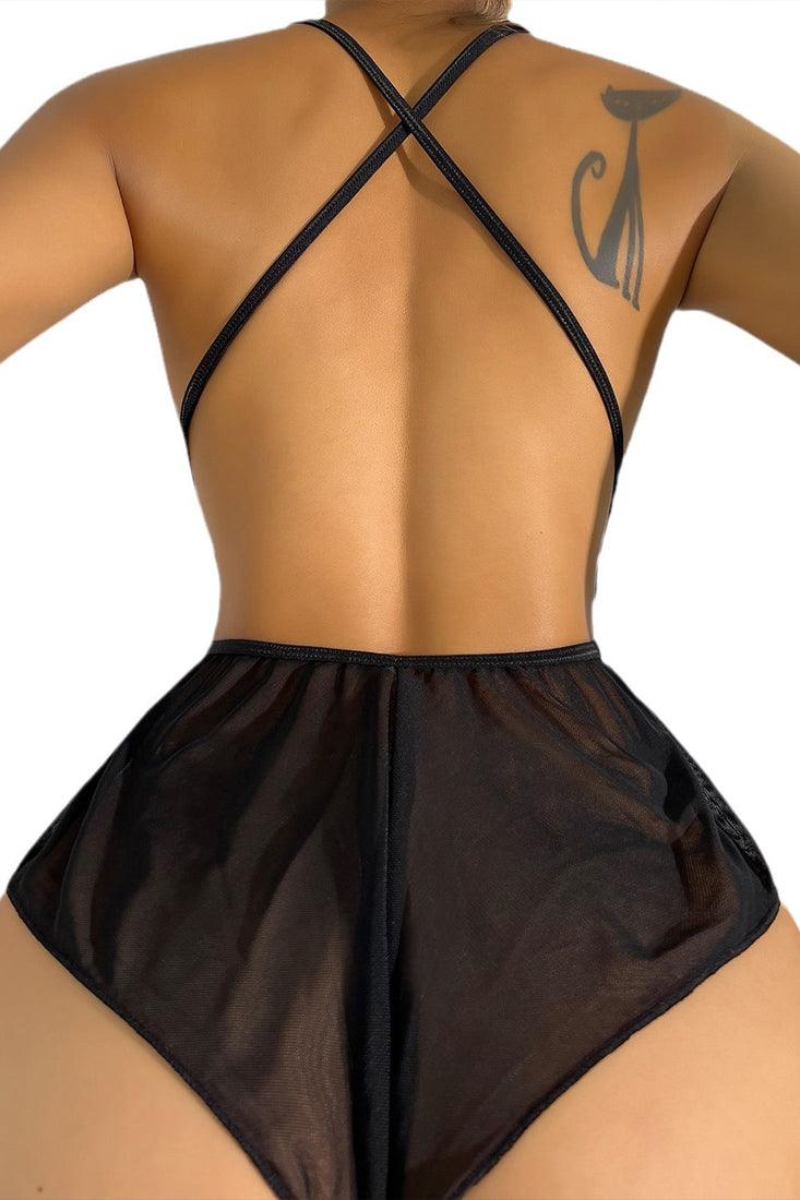 Black Lace Mesh Plunging Strappy 1Pc Romper Lingerie Bodysuit