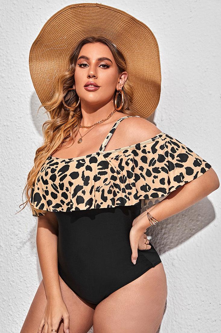 Black Leopard Print One Piece Plus Size Swimsuit