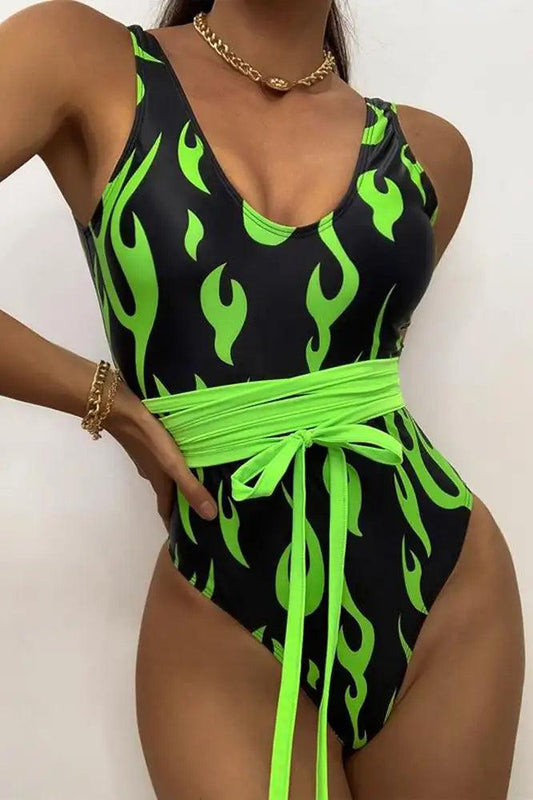 Black Lime Sleeveless Flames Print Wrap Around One Piece Sexy Swimsuit