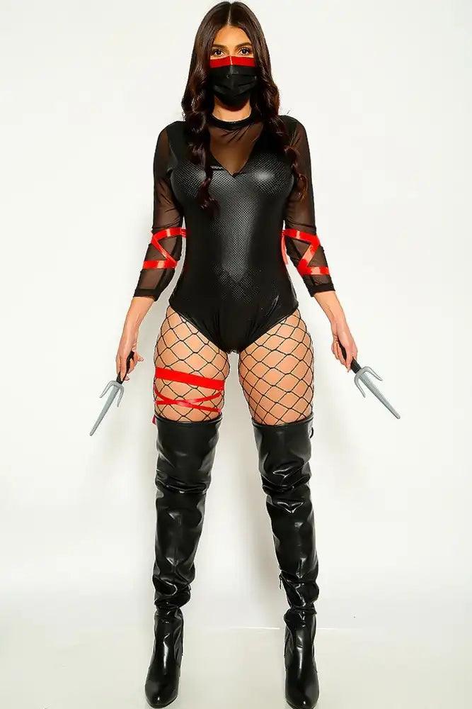 Black Long Sleeve Faux Leather Mesh Ninja 3 Piece Costume - Babewear