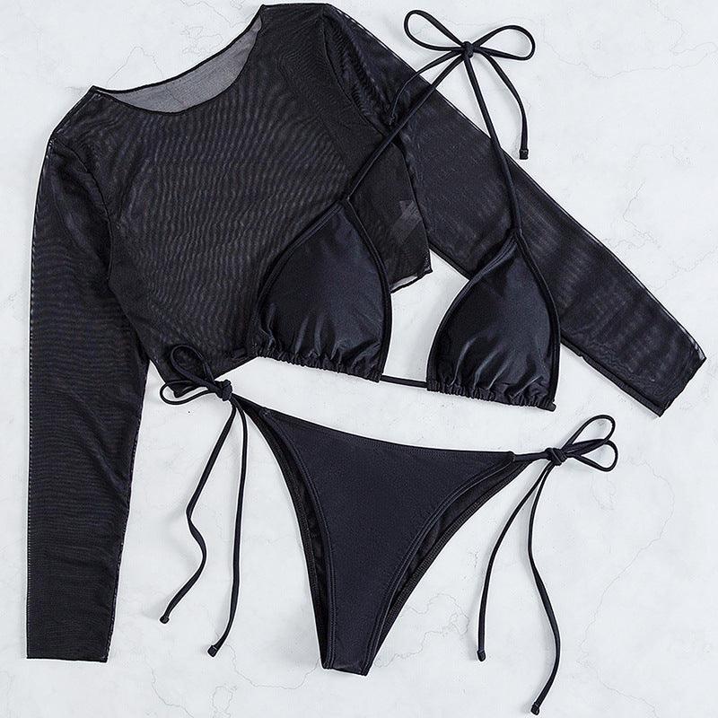 Black Mesh Long Sleeve Three Piece Swimsuit