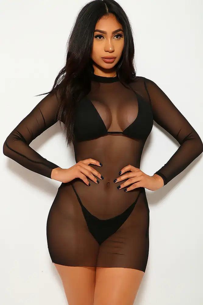 Black Mesh Three Piece Swimsuit Set - Babewear