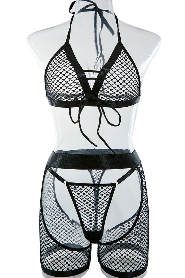 Black Netted Mesh Garter Thong 3 Pc Lingerie Set