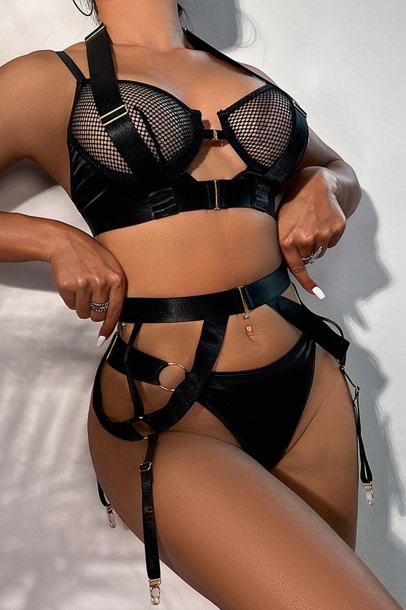 Black Netted Strappy Halter Cheeky Lingerie Set