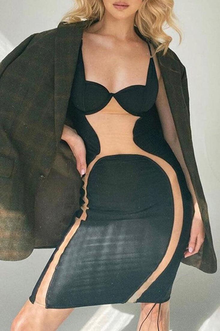 Black Nude Mesh Sleeveless Sexy Party Dress