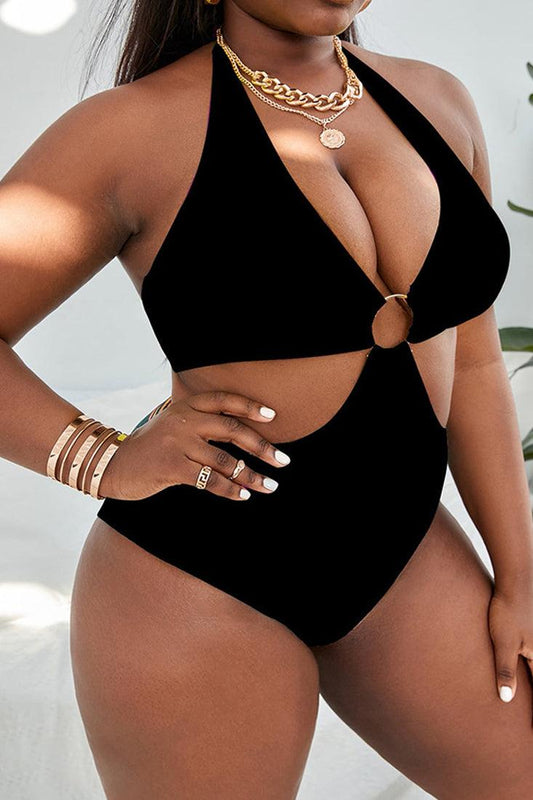 Black O-Ring Halter One Piece Plus Size Swimsuit