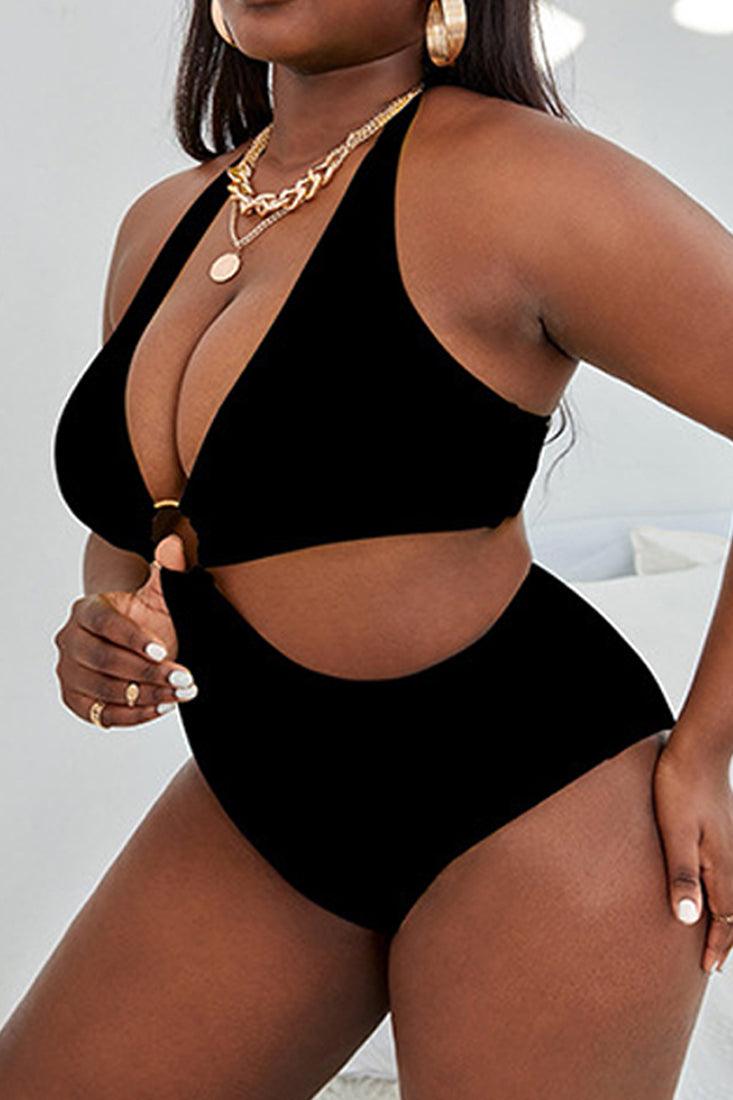 Black O-Ring Halter One Piece Plus Size Swimsuit