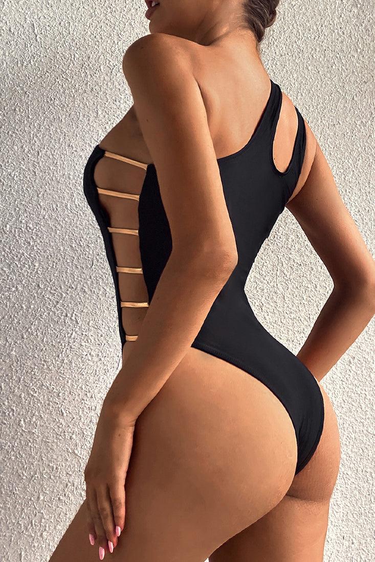 Black One Shoulder Cut Out Sexy One Piece Swimsuit