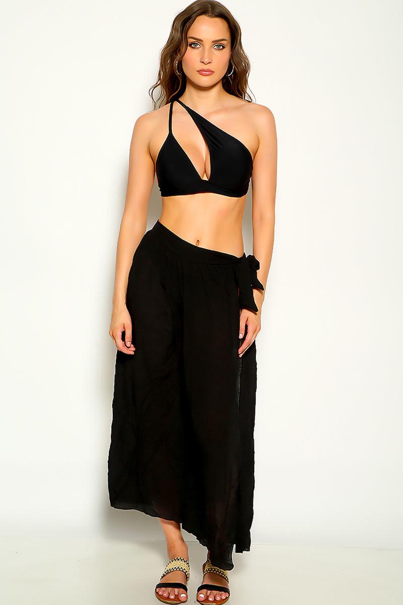 Black One Shoulder Strappy Sexy Three Piece Swimsuit