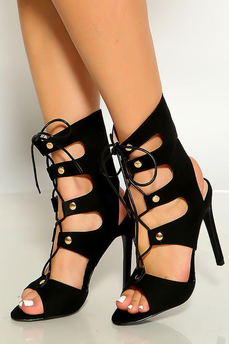 Black Peep Toe Lace Cut Out Detail High Heels