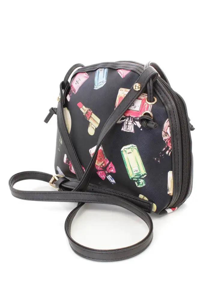 Black Perfume Print Mini Faux Leather Handbag