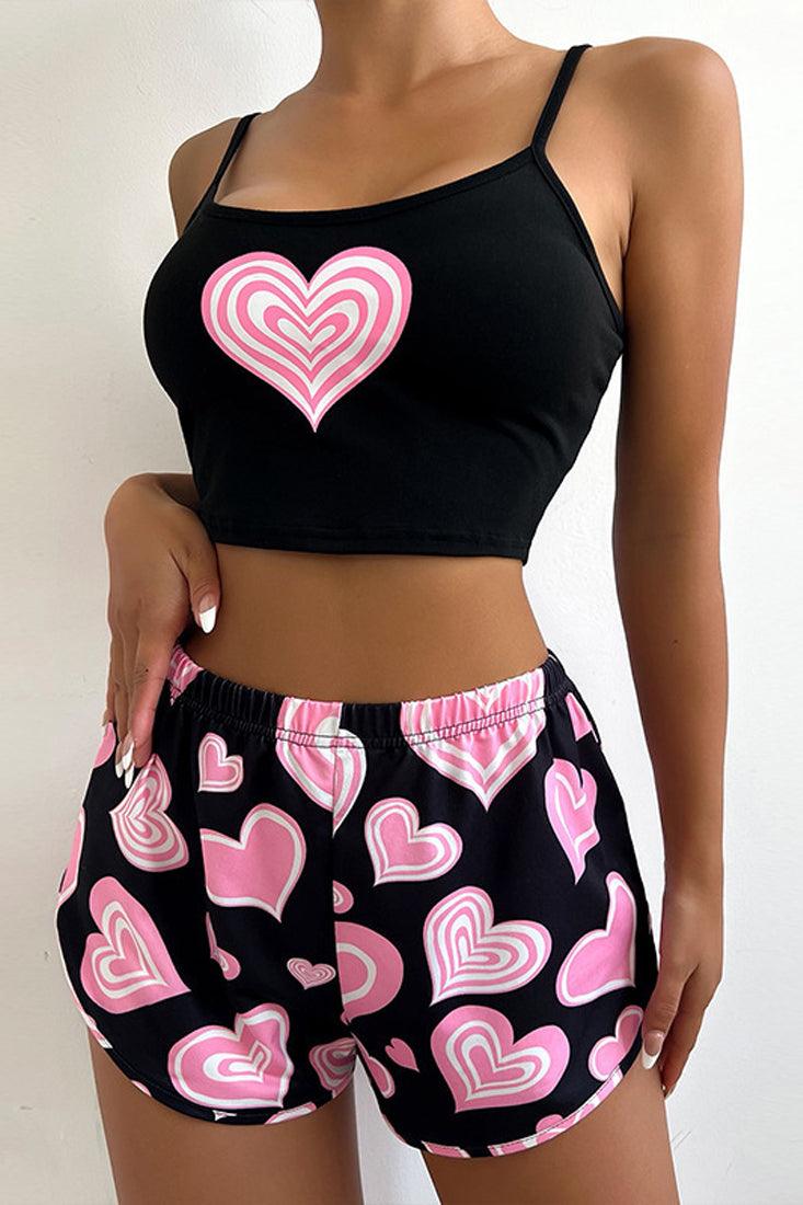 Black Pink Hearts Crop Top Booby Shorts 2Pc Sexy Pajamas Set