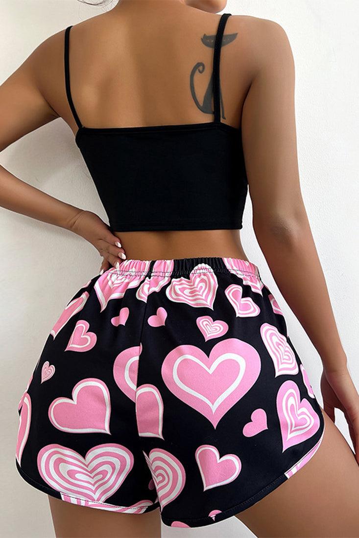 Black Pink Hearts Crop Top Booby Shorts 2Pc Sexy Pajamas Set