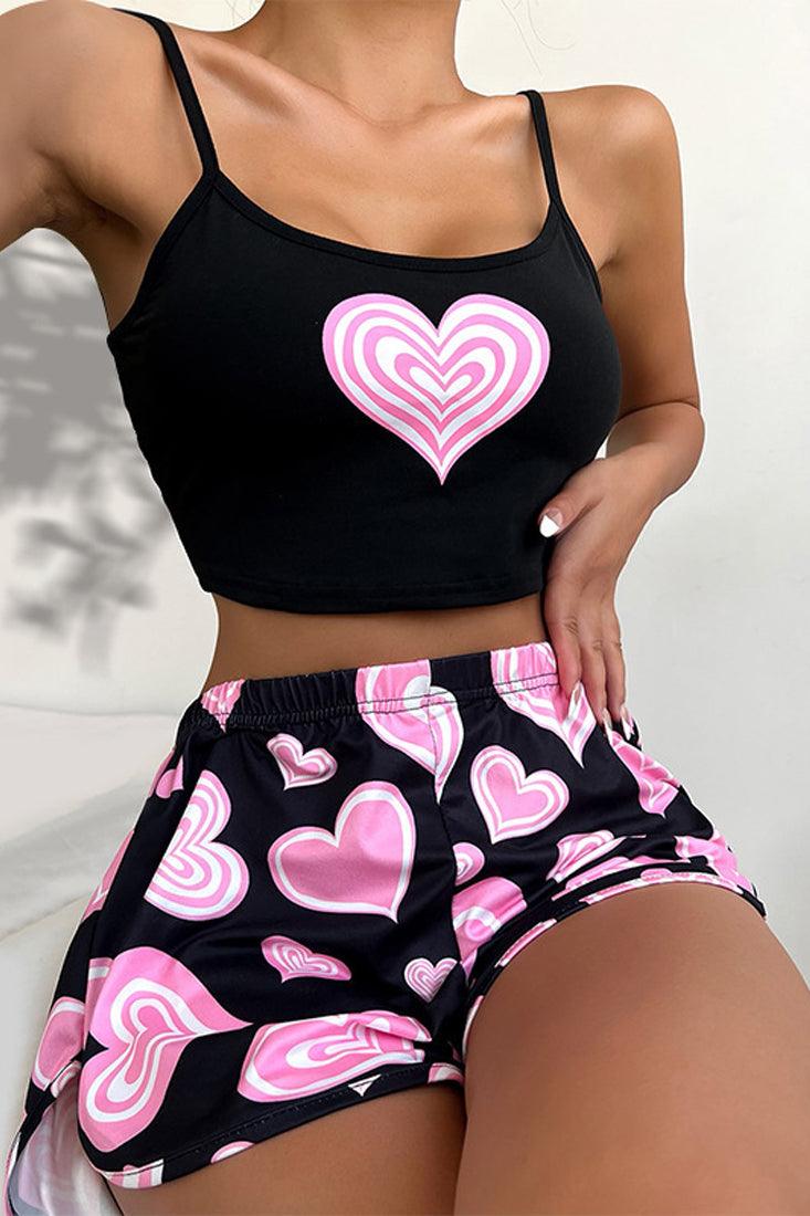 Black Pink Hearts Crop Top Booby Shorts 2Pc Sexy Pajamas Set