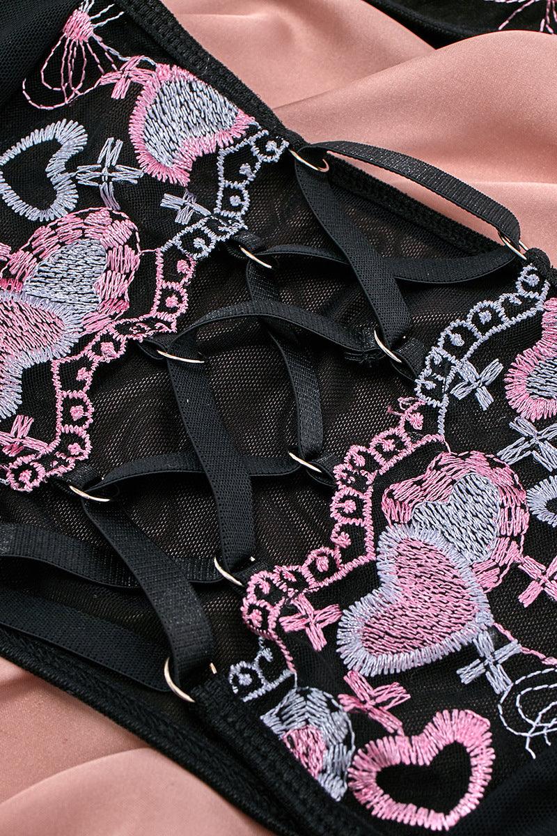 Black Pink Hearts Embroidery Mesh Garter Underwire Lingerie Set