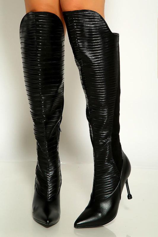 Black Pointy Toe Knee High Heel Boots