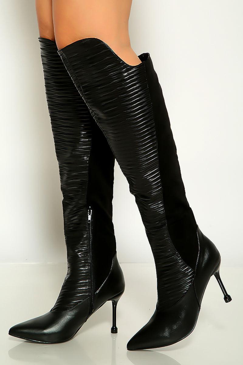 Black Pointy Toe Knee High Heel Boots