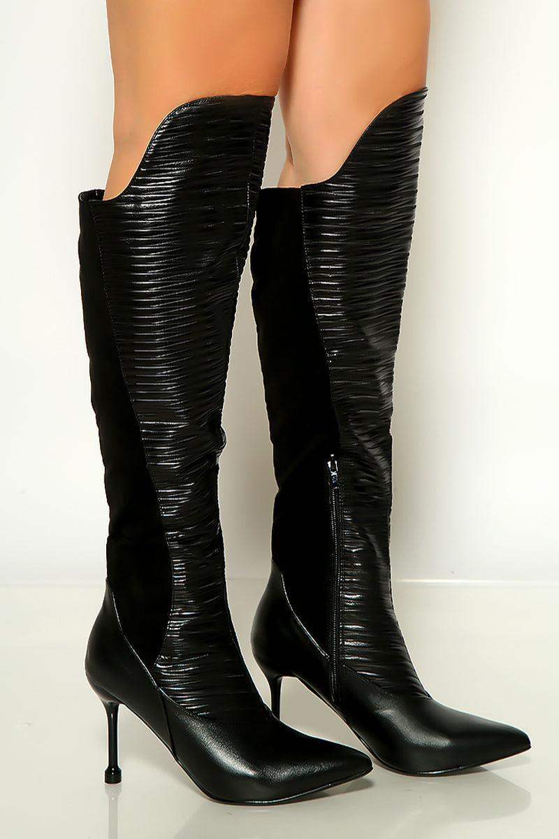 Black Pointy Toe Knee High Heel Boots