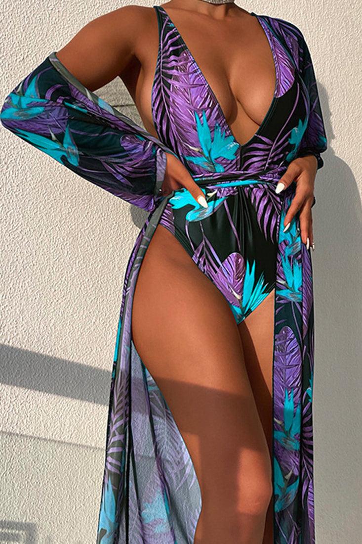 Black Purple Tropical Print Two Piece Monokini Swim & Cover-up Set