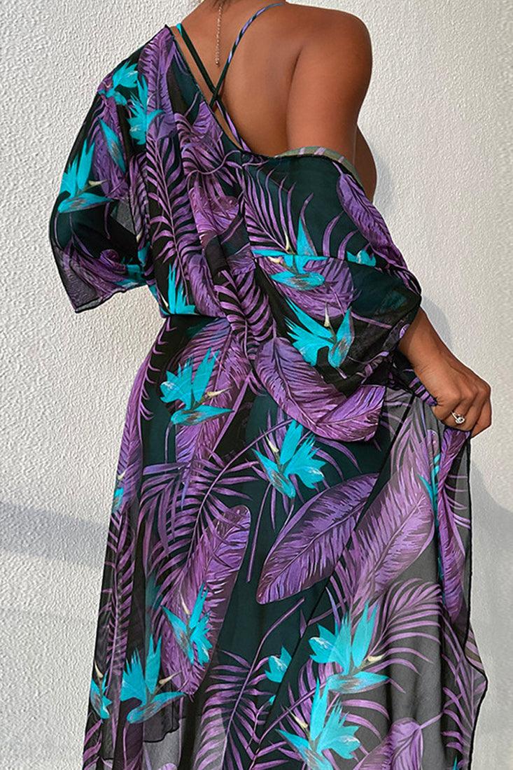 Black Purple Tropical Print Two Piece Monokini Swim & Cover-up Set