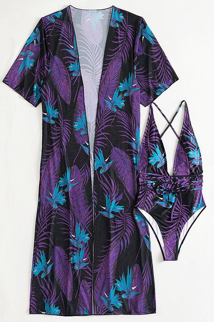 Black Purple Tropical Print Two Piece Monokini Swim & Cover-up Set