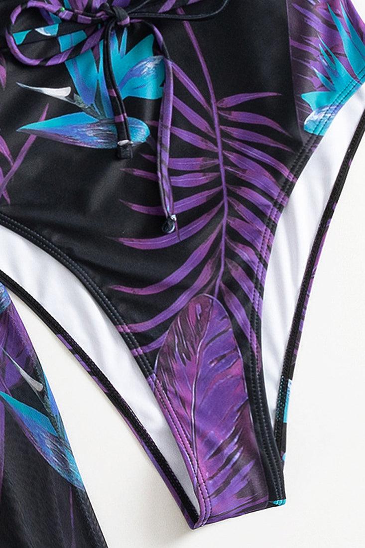 Black Purple Tropical Print Two Piece Monokini Swim & Cover-up Set