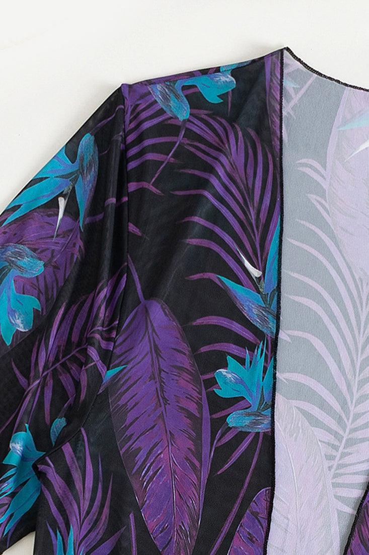 Black Purple Tropical Print Two Piece Monokini Swim & Cover-up Set