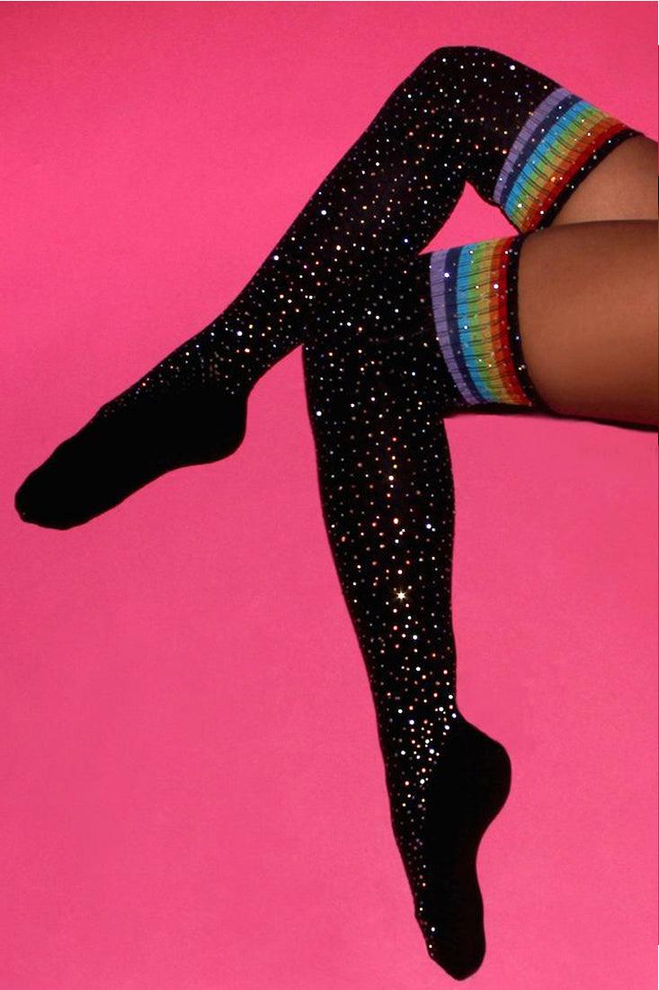 Black Rainbow Striped Rhinestone Thigh High Socks